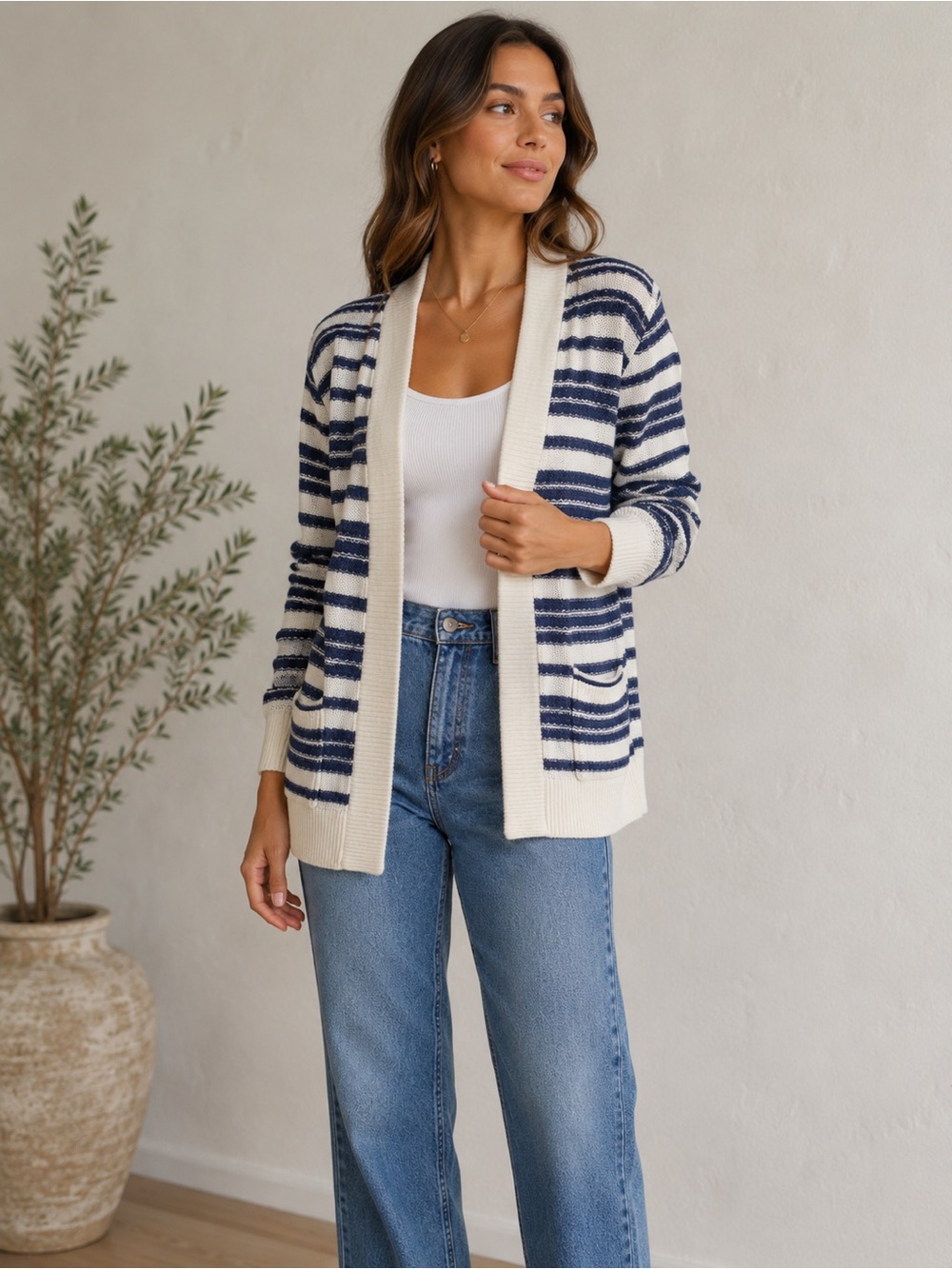 Splendid Navy and Cream Striped Open-Front Cardigan